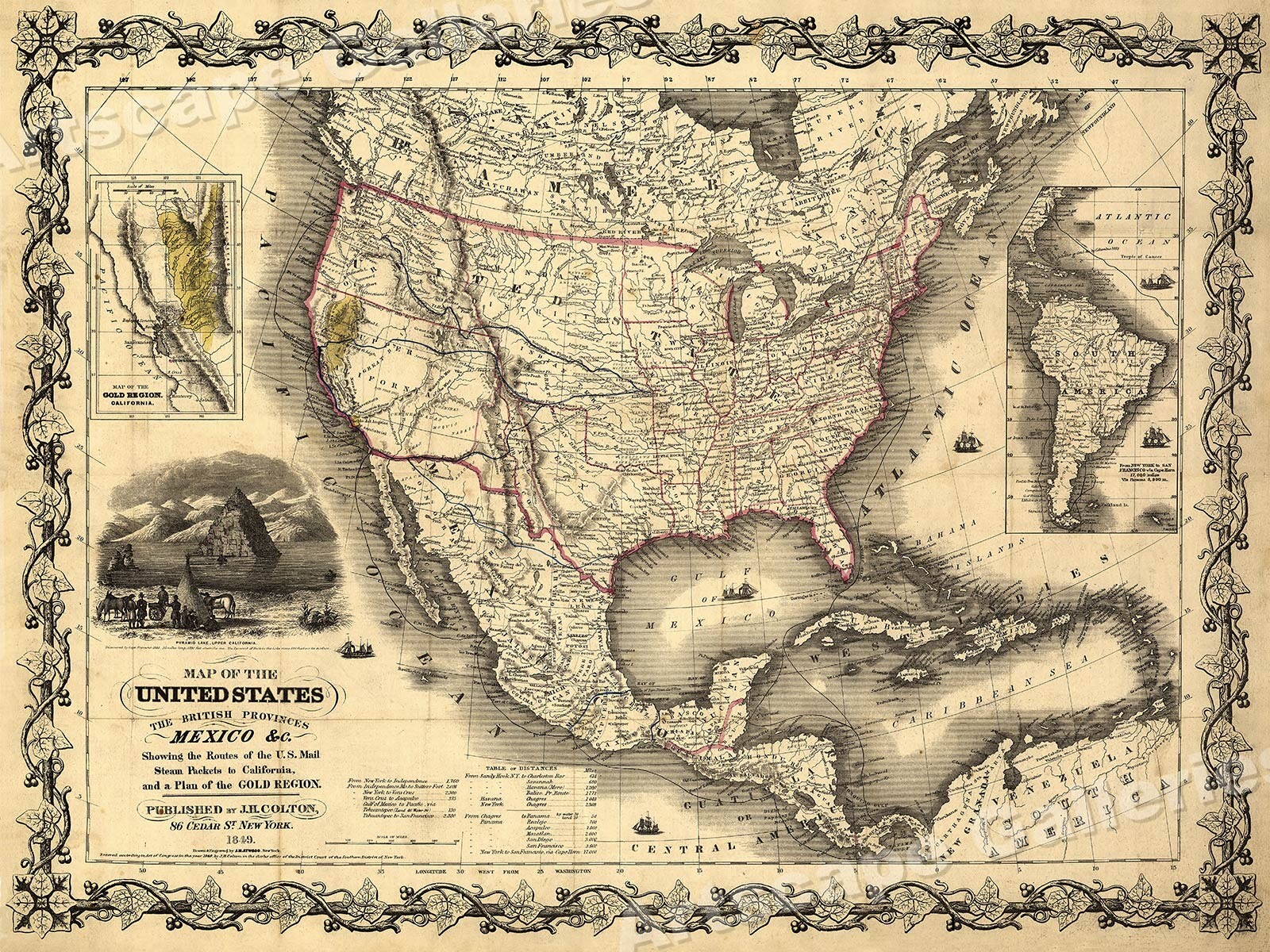 1849 United States & California Gold Region Vintage Map – 24×32