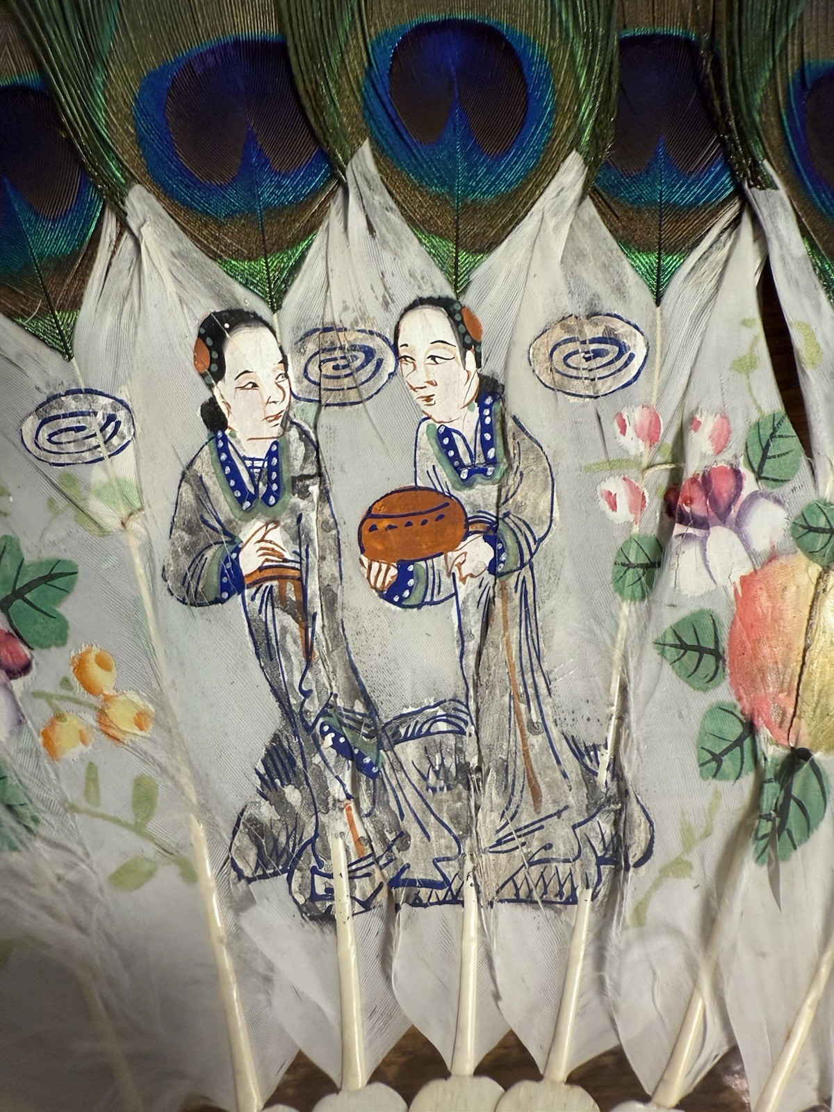 Antique Chinese Painted Peacock Feather Fan With Carved Sticks