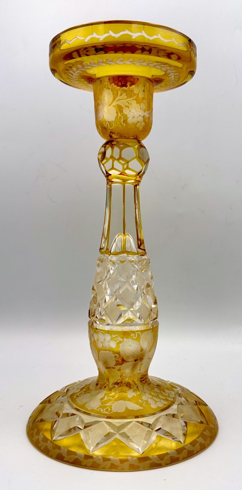 Antique Bohemian Glass Amber and Clear Cut and Engraved Candlestick Holder – WOW