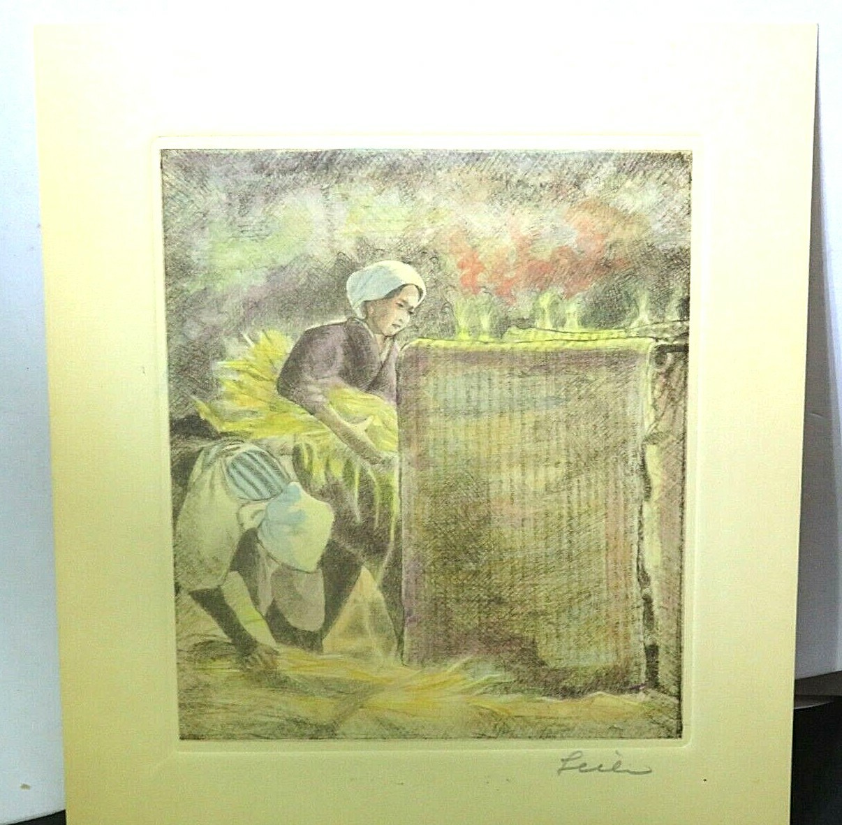 Vintage Etching Willy Seiler original hand colored etching Burning Rice Straw