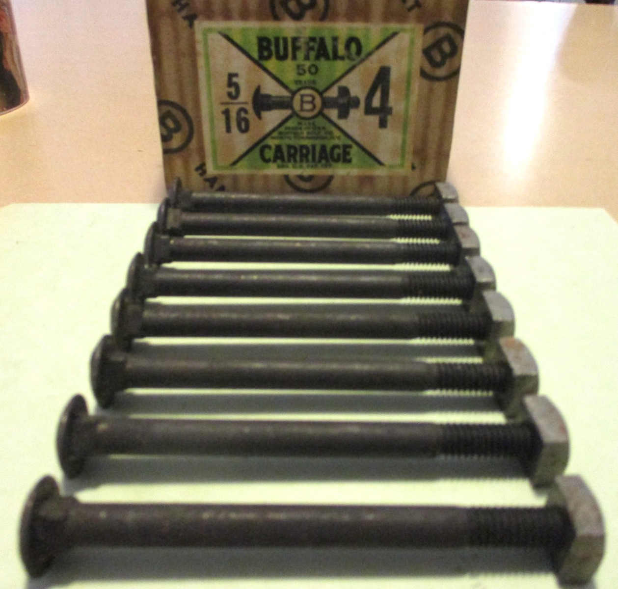 8-NICE-VINTAGE, N.O.S, 5/16″ X 4″ LONG BLACK OXIDE CARRIAGE BOLTS & SQUARE NUTS