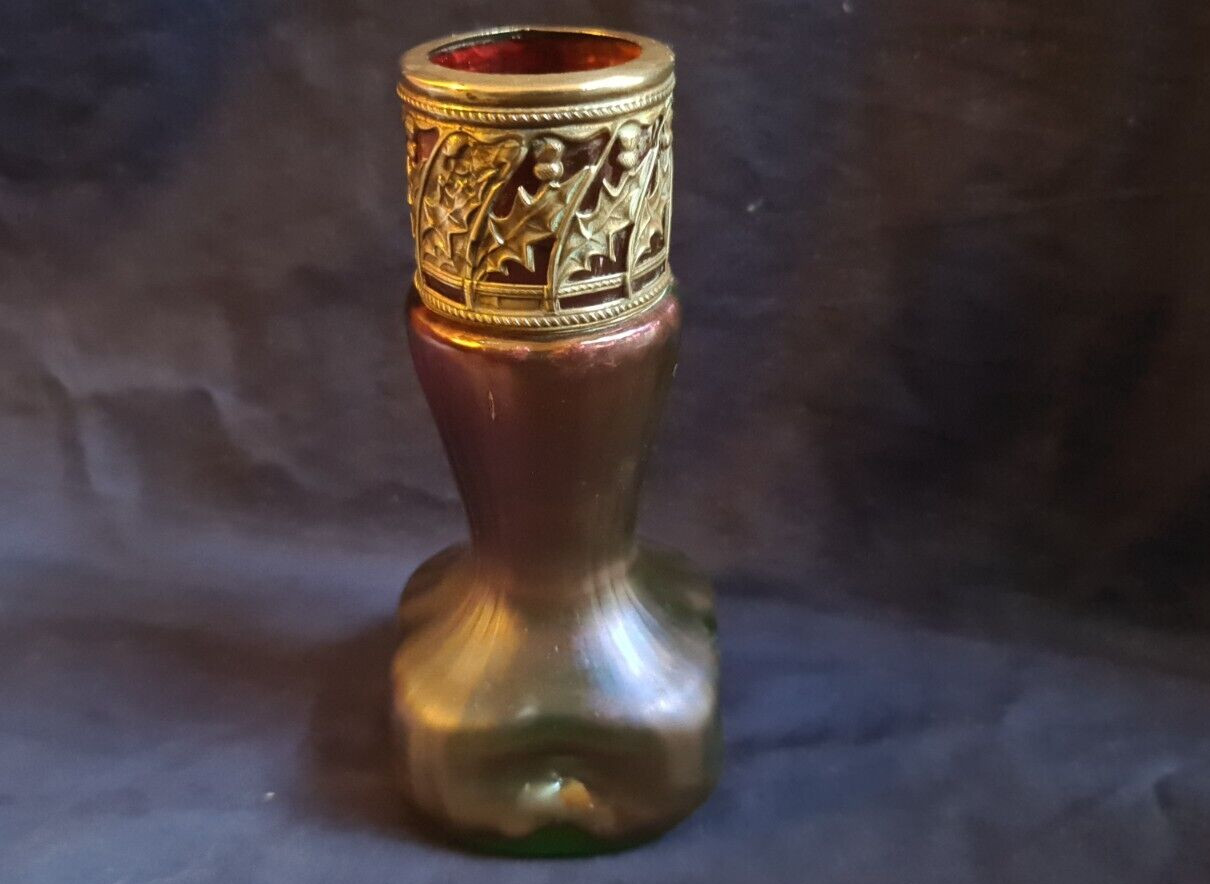 Art Nouveau Loetz Style Iridescent Dimpled & Collared Glass Vase C1900