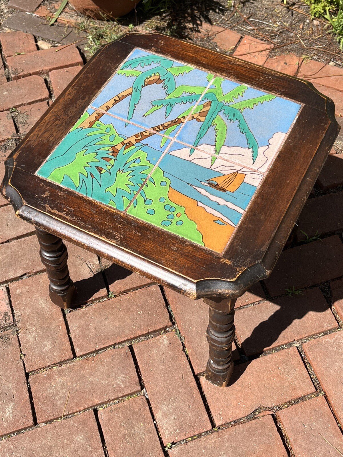 Antique End Table Wood Taylor Tile California Palm Sail Boat Mission Art Crafts