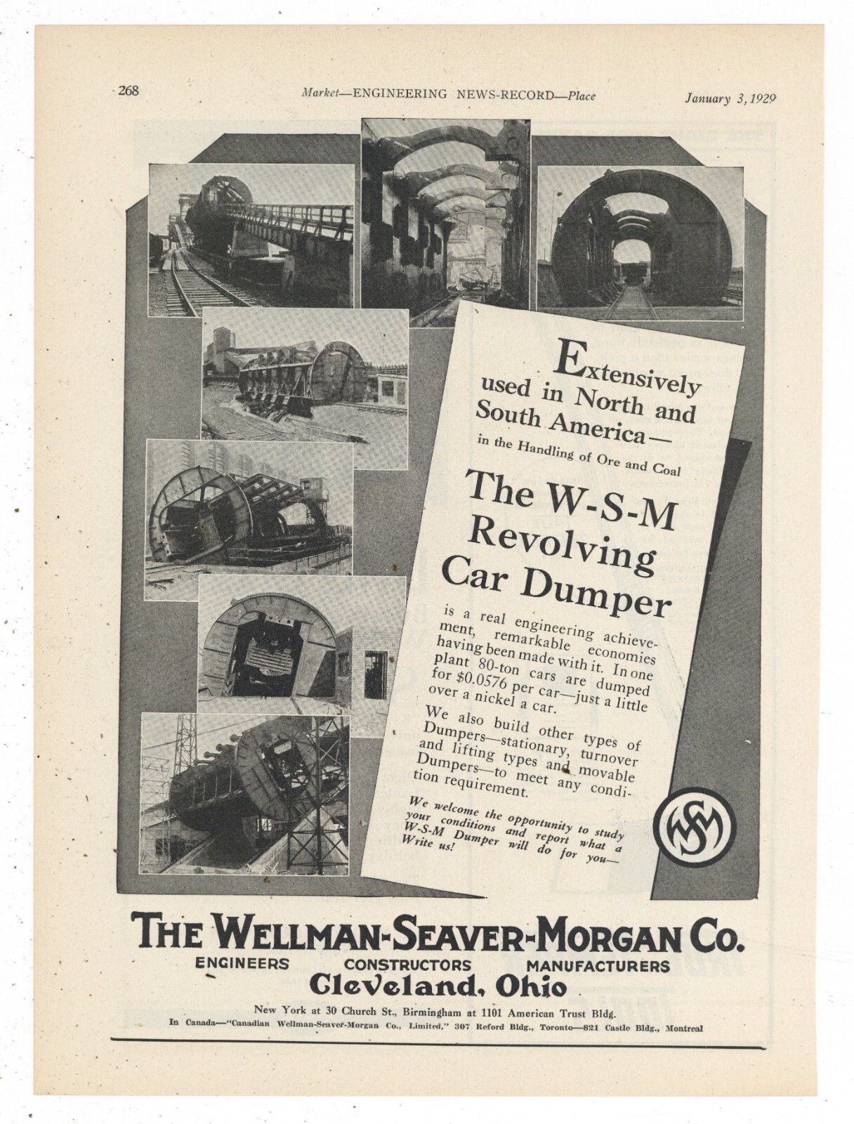 1929 Wellman Seaver Morgan Co. Ad: WSM Revolving Car Dumper for Mining Jobs