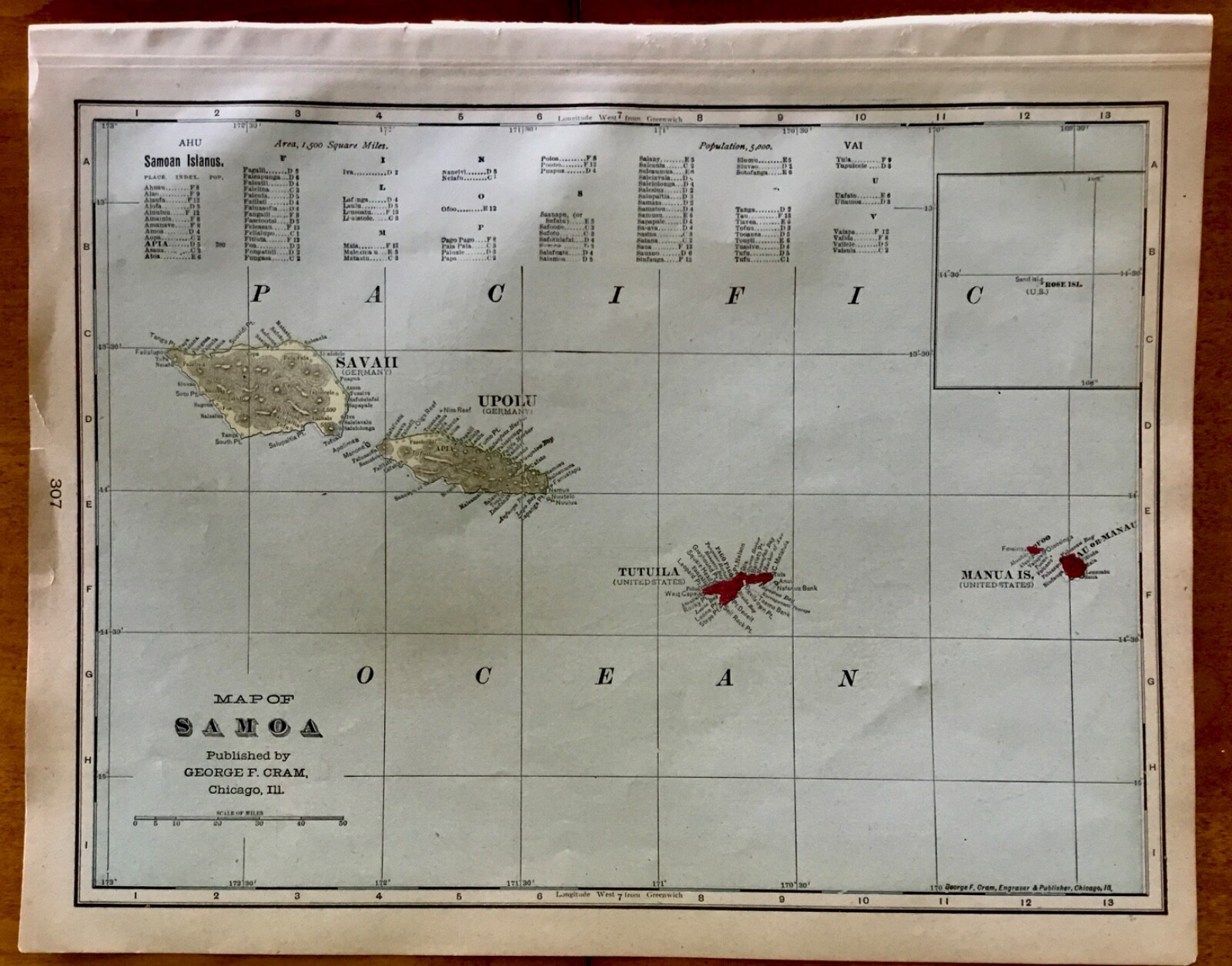 1906 Geo F Cram Color Map of Samoa w/ partitioned islands Germany and US