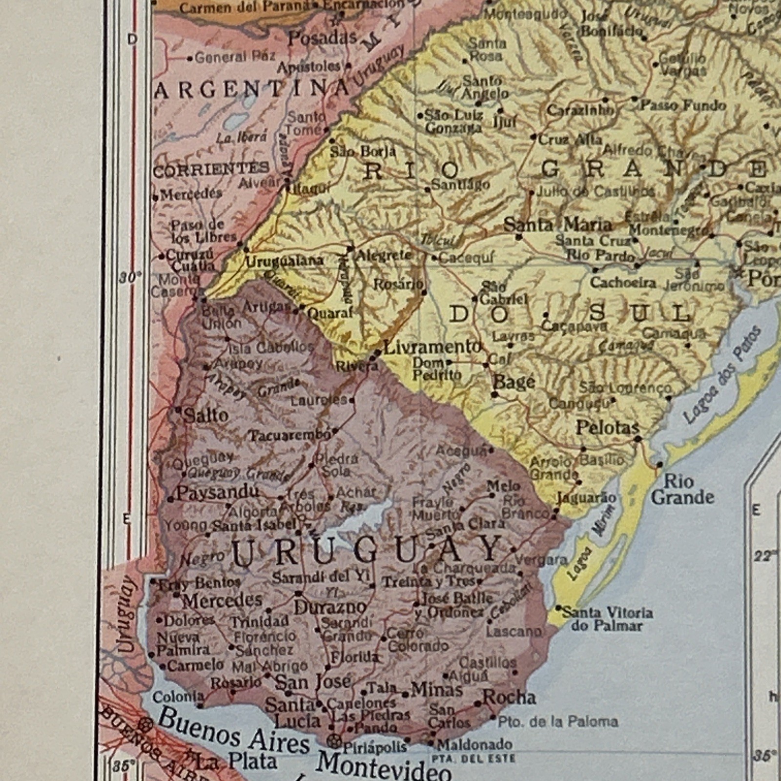 Antique 1951 Multicolor Map Of Uruguay & Southern Brazil 14”x11”