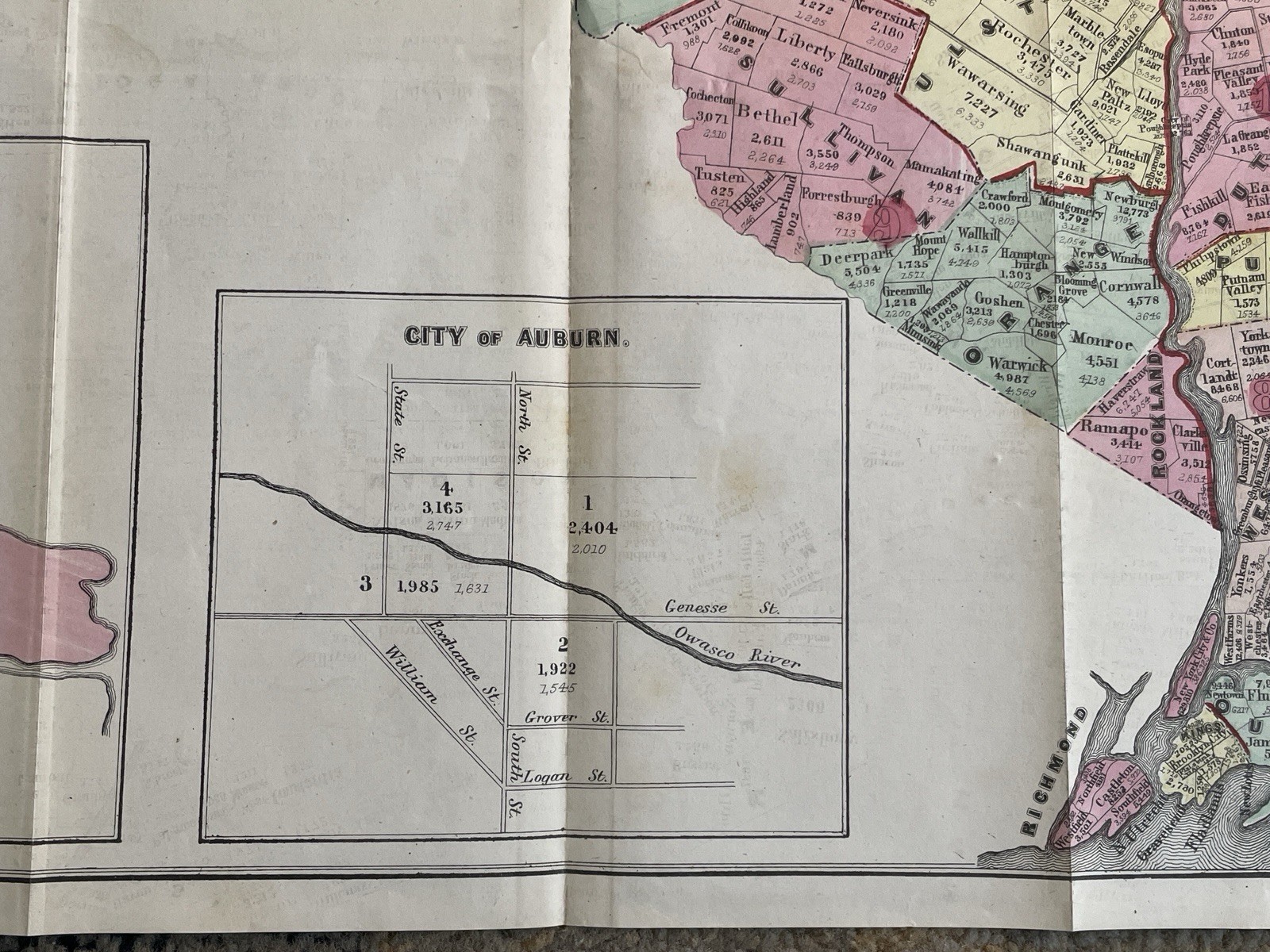Antique Census Map State of New York Hand Colored D.T. Valentine Lithograph