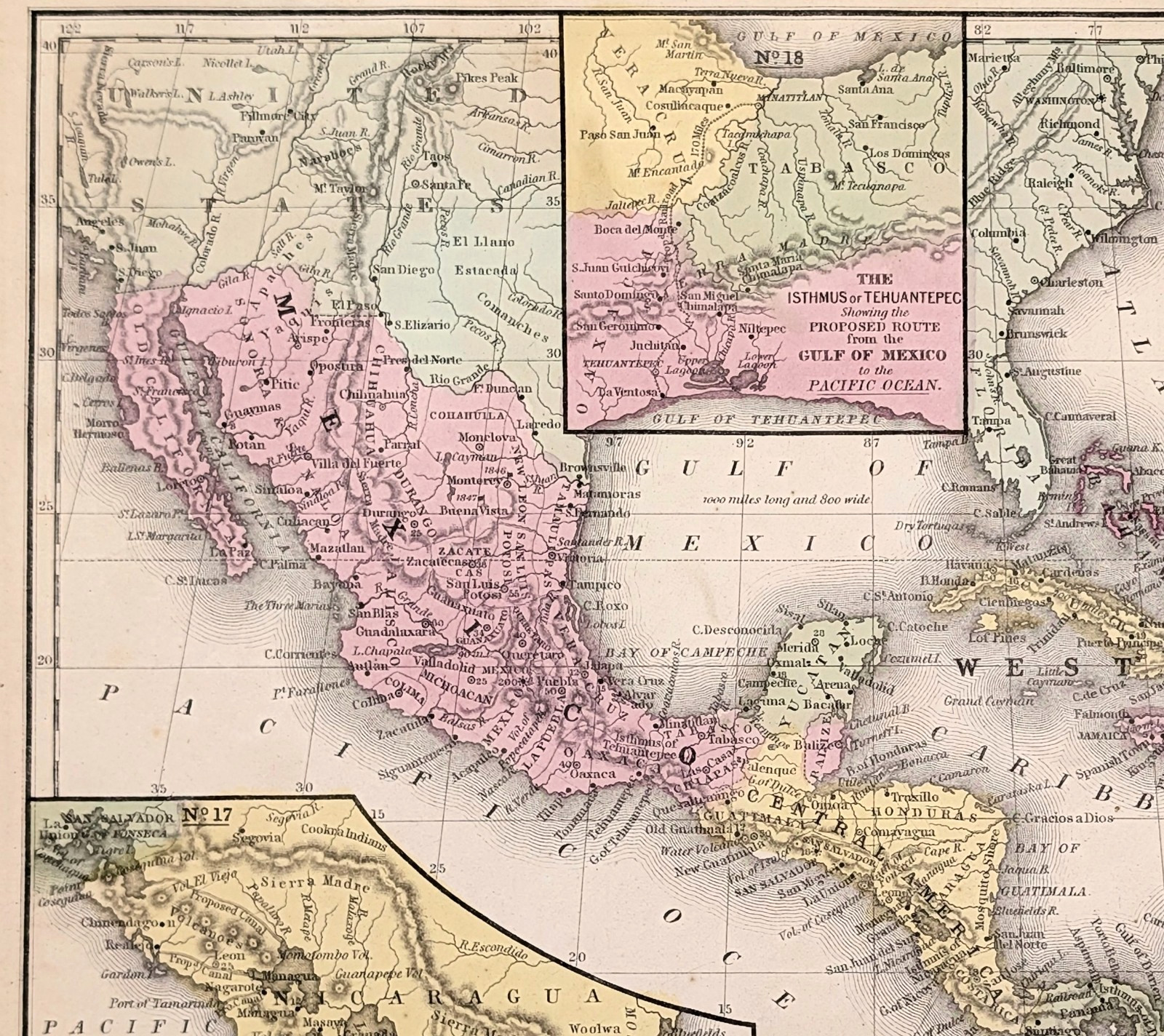 1853 TEXAS – MEXICO – FLORIDA – WEST INDIES Map ORIGINAL Cuba – Caribbean