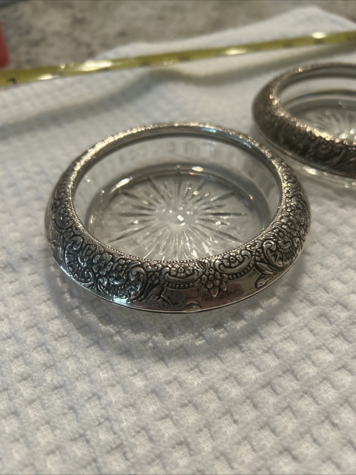 Vintage Botticelli Pattern Frank M Whiting Sterling Silver Glass Coasters. Two.