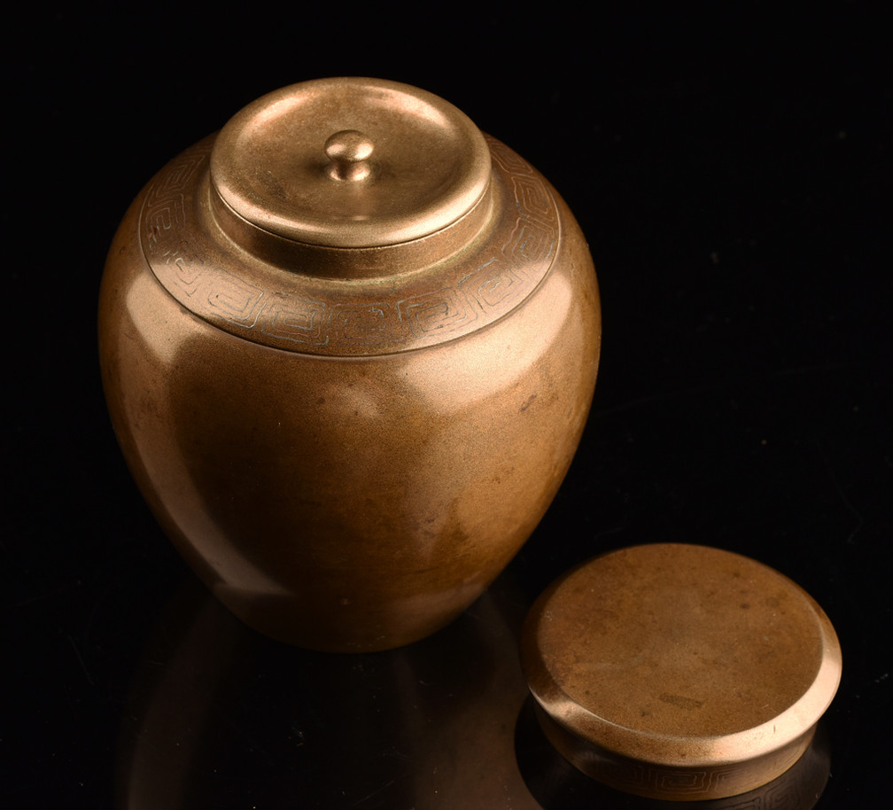 Japanese Antique Shibuichi Copper and Silver Alloy Damascening Tea Caddy Meiji