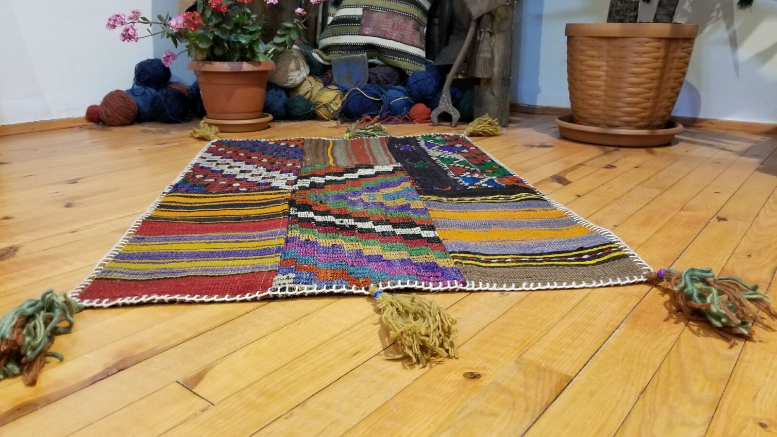 Vintage Bohemian 1960-1970’s Overdyed Patchwork Rug 2′ 1″× 3’2″