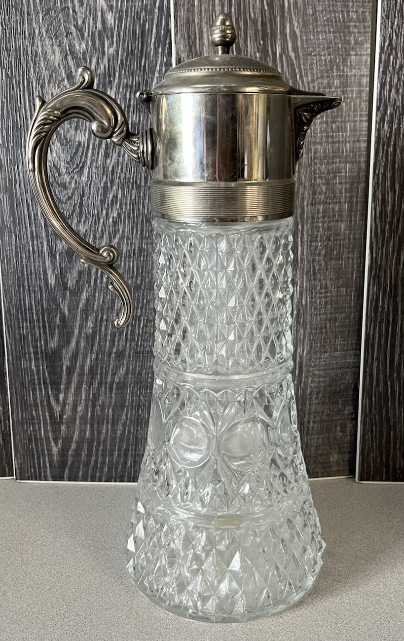 Vintage Cut Crystal and Silverplate Pitcher w/ Glass Ice Tube Insert 13.5” Tall