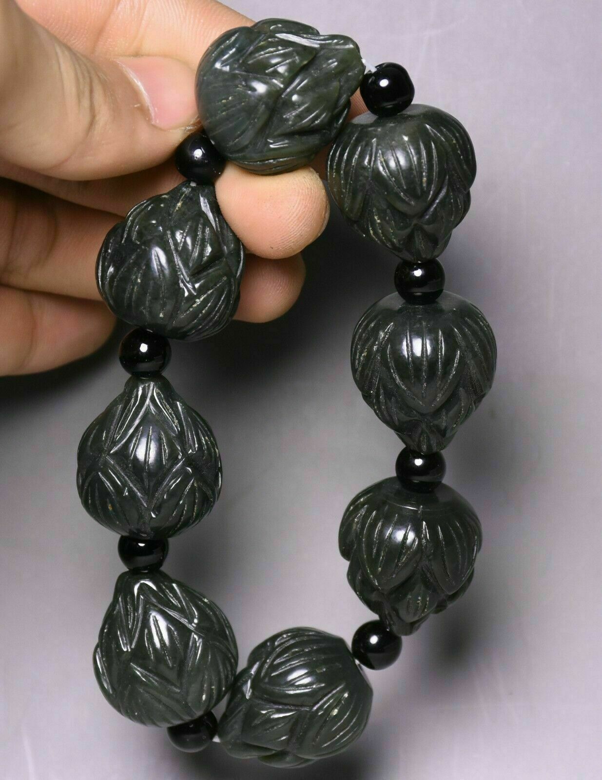 11CM Old China Natural Hetian Green Jade Carve Pine Cones Pattern Bracelet