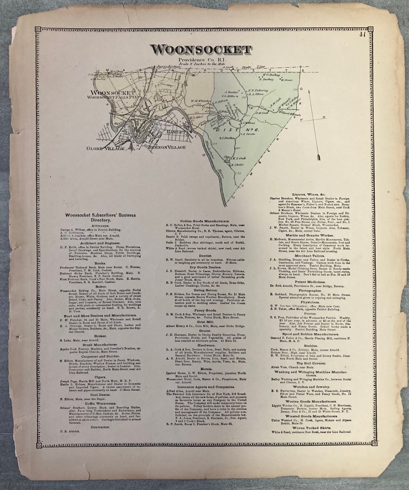 1870 Woonsocket, Providence County, RI Handcolored Map 1870 Original F. W. Beers