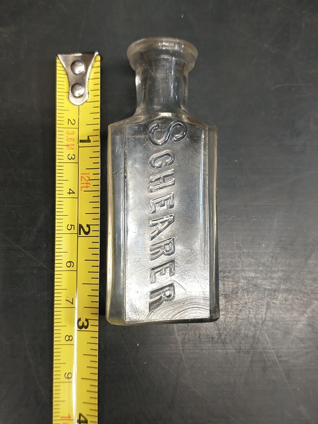 *RARE* Antique SCHEARER 2.875″ Apothecary medicine glass Bottle T.C.W. Co. USA