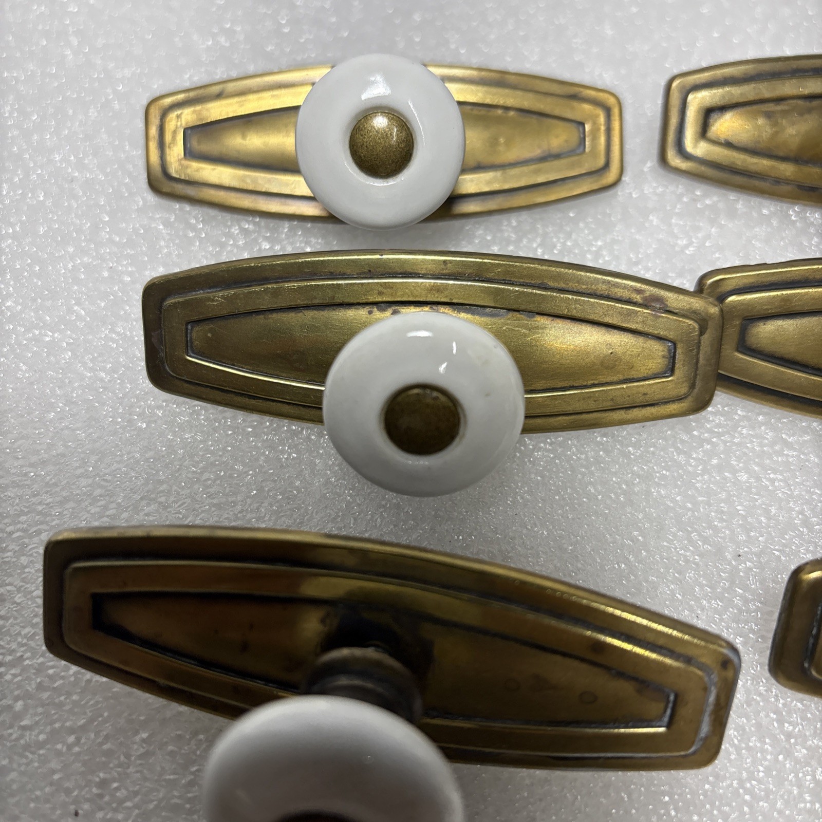 12 Twelve Brass Plate White Ceramic Knob Draw Pulls Center Screws 3.25”