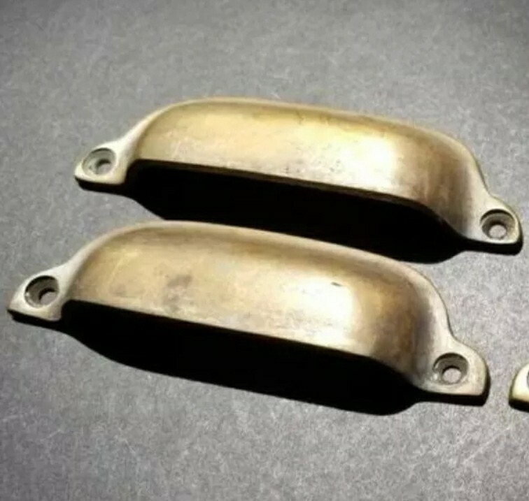 2 x Ant. Vintage Style Brass File Cabinet, Bin Pull Cup Handle 3-3/8″ ctr #A19