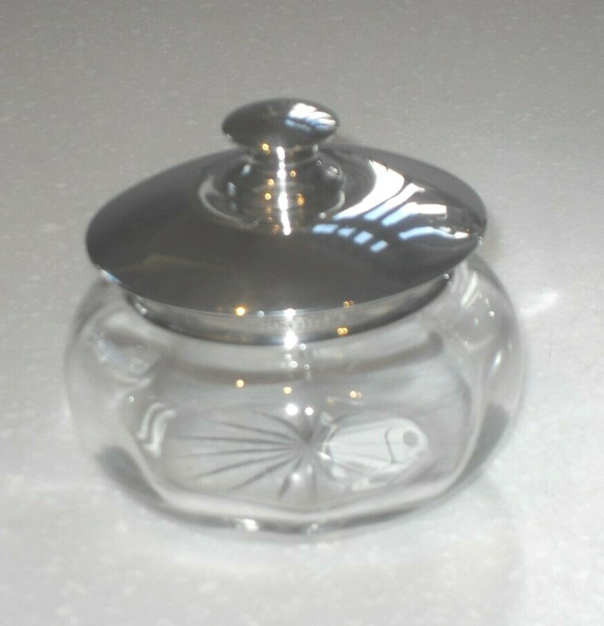 ART DECO 1928 STERLING SILVER & GLASS DRESSING TABLE POWDER TRINKET JAR BOWL