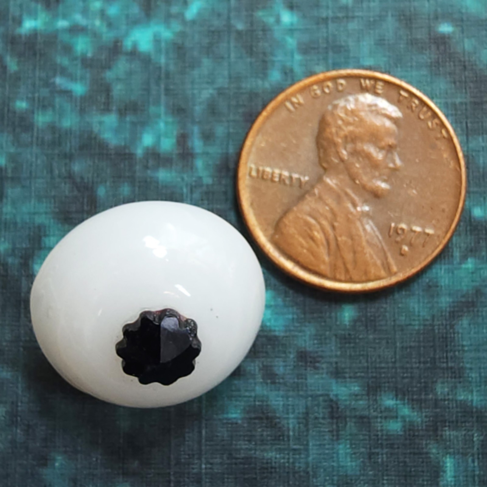 Antique Swirlback Charmstring Button ~ Milk Glass w/ Faceted Black Glass Coronet
