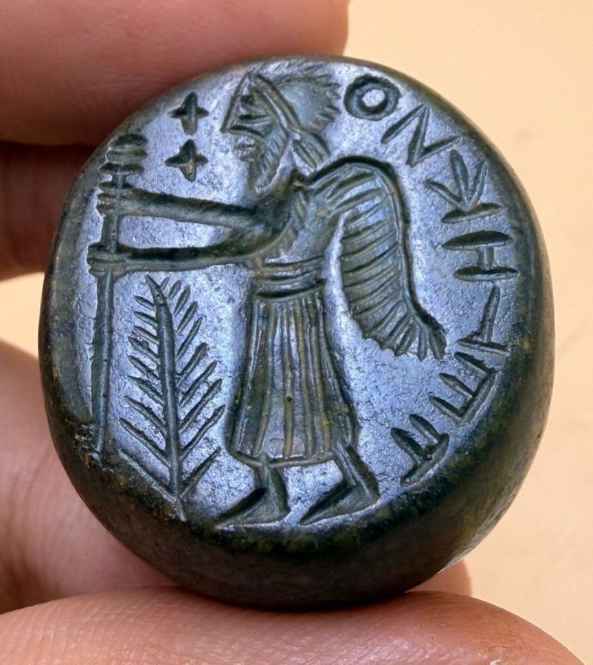 Roman Old Green Stone Intaglio Seal Bead Carved Winged Figure Pendant Ancient