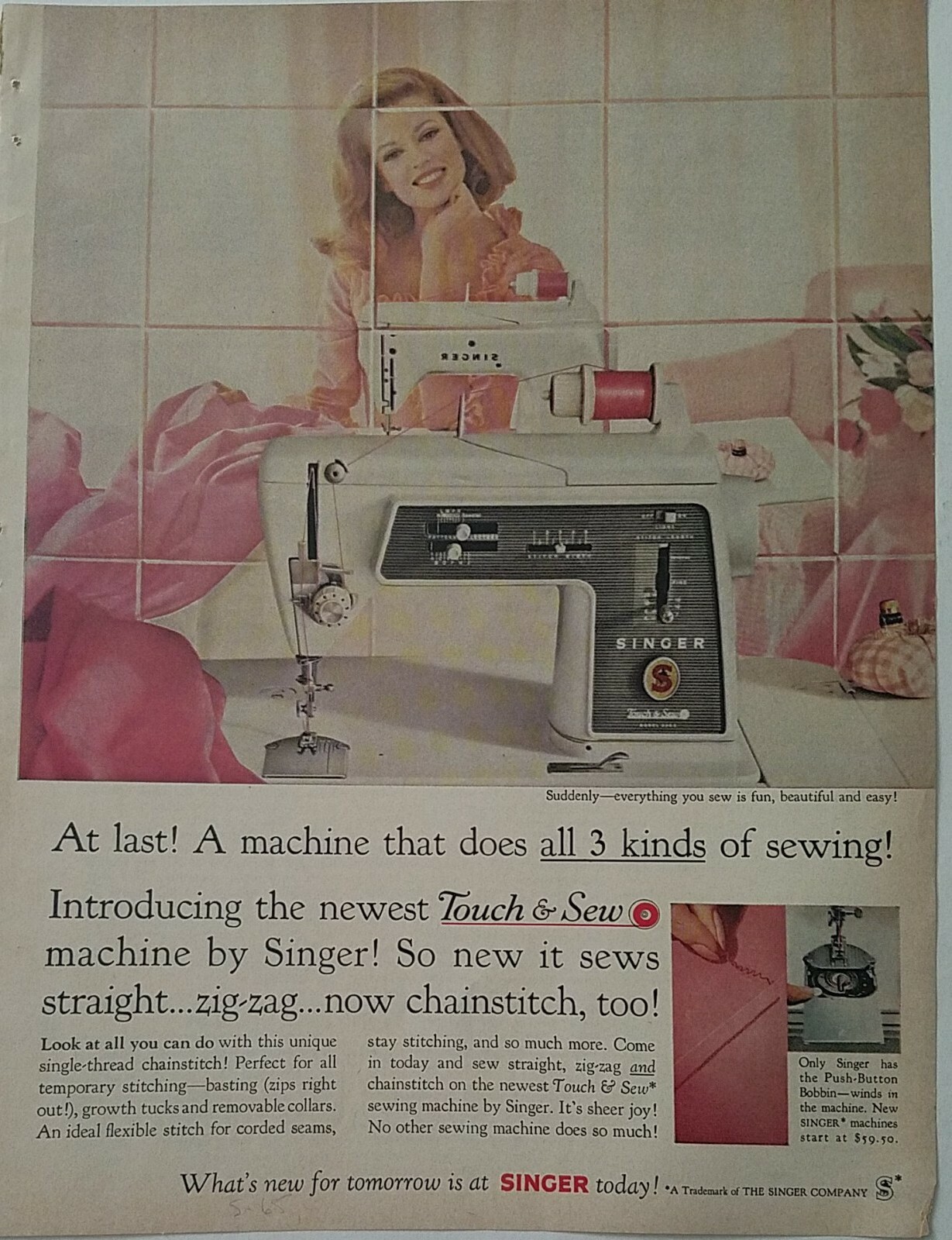 1965 Singer Touch & Sew sewing machine sews straight zig zag chainstitch ad