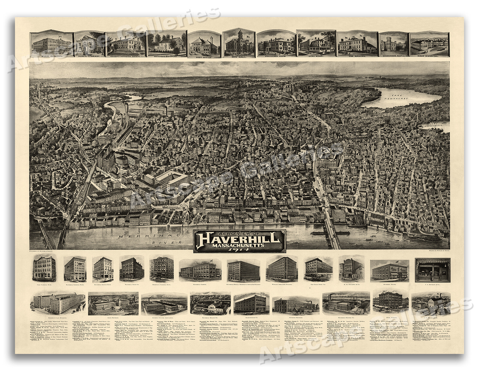 Bird’s Eye View 1914 Haverhill Massachusetts Vintage Style City Map – 18×24