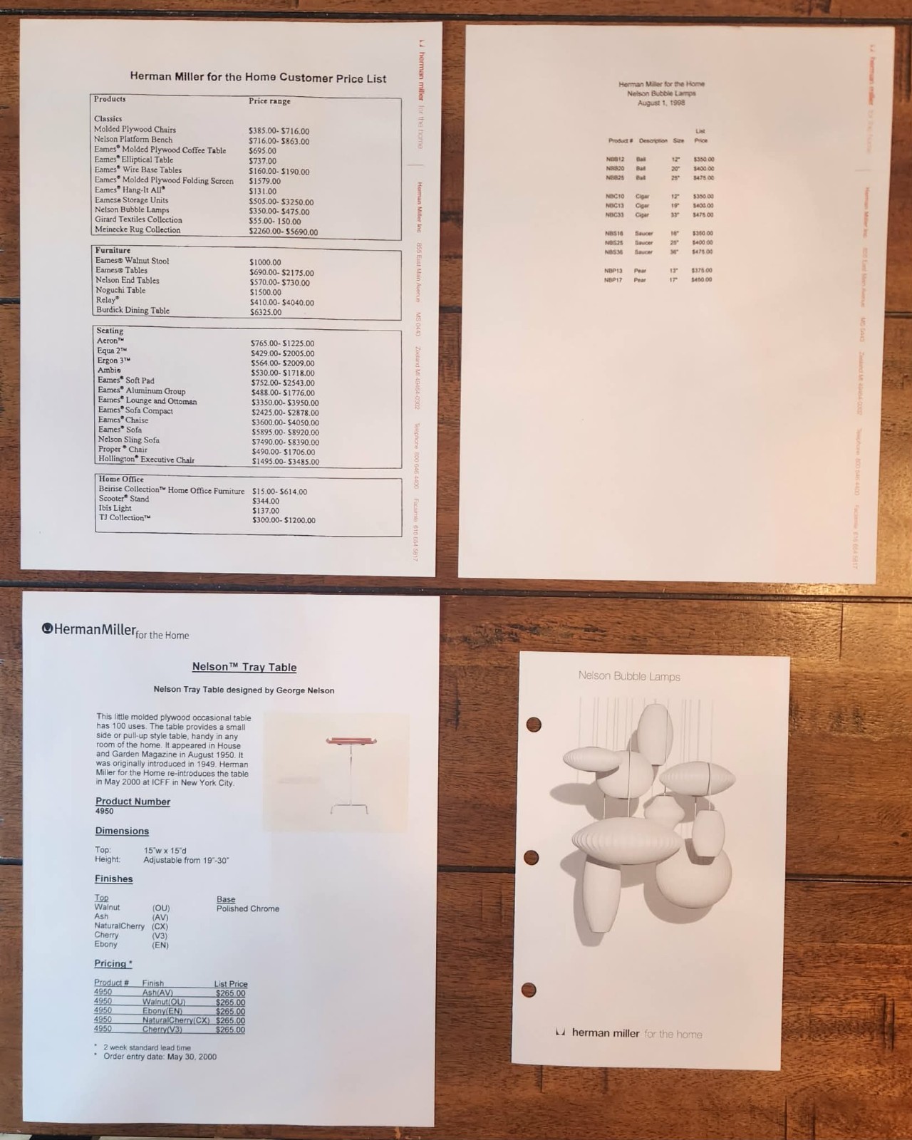 Herman Miller 1998 George Nelson Bubble Lamp & Tray Table Brochures VTG MCM