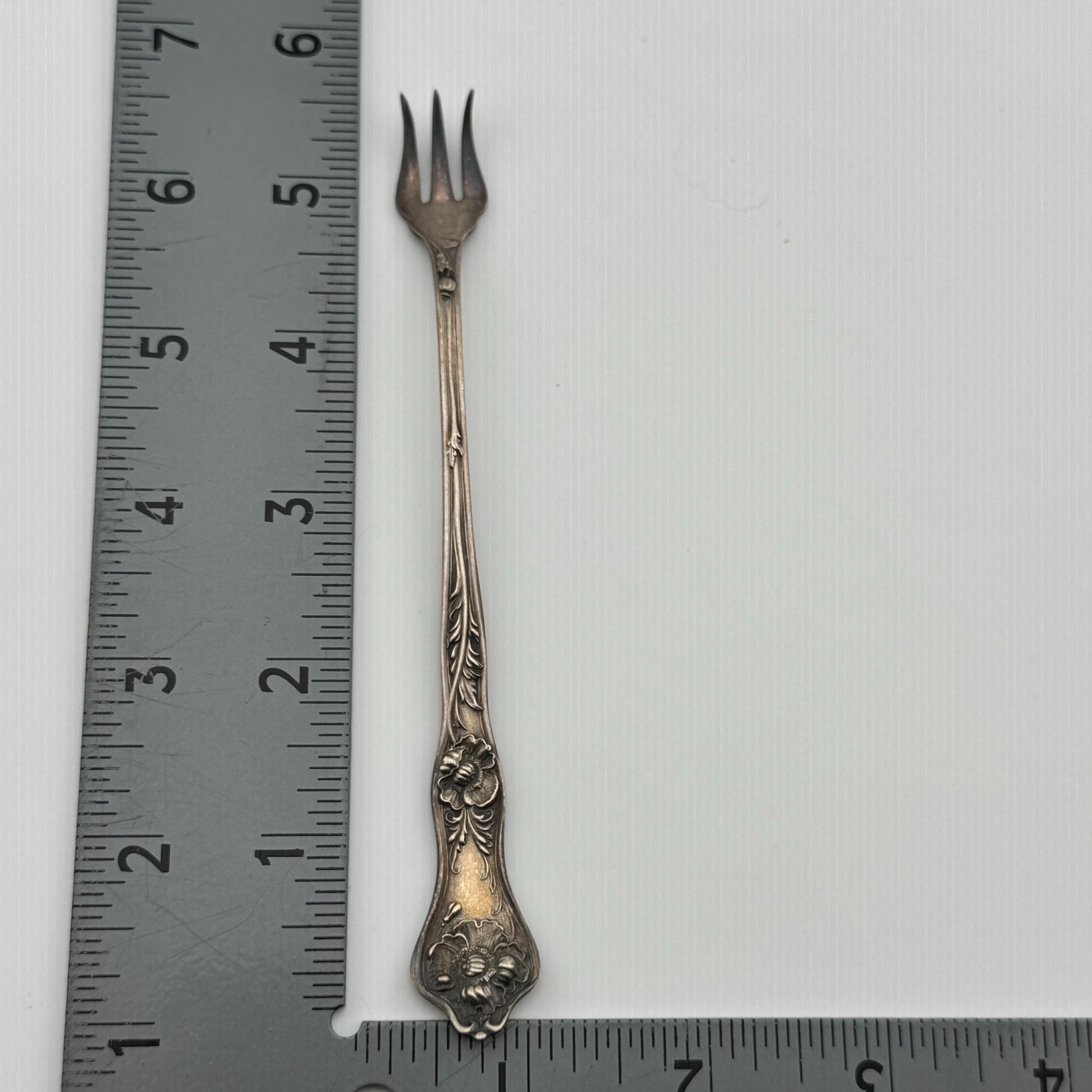 Antique R&B Poppy Silverplate 3 Tine Pickle Olive Fork Floral