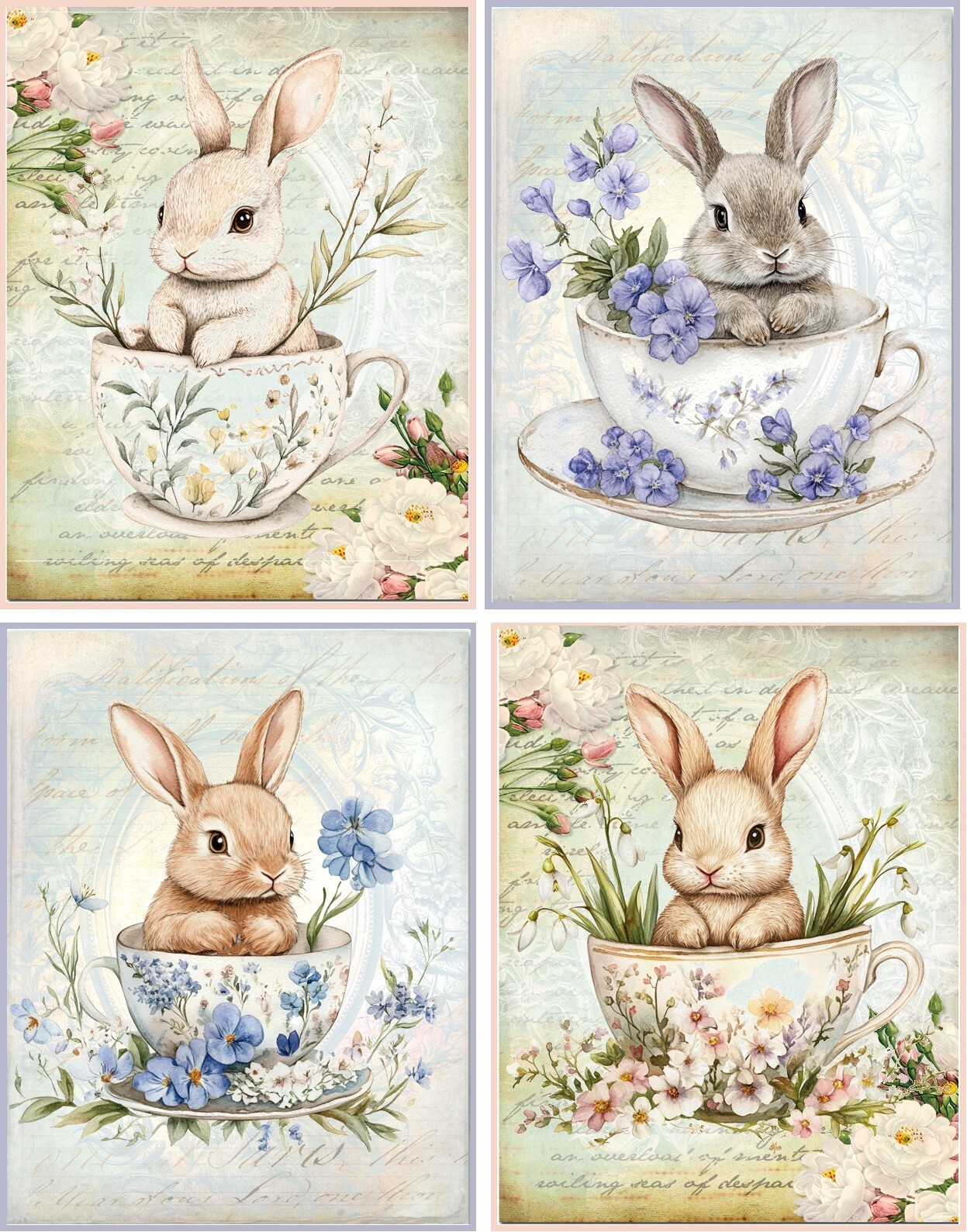 8 EASTER BUNNY RABBIT CUPS FLOWERS VINTAGE VICTORIAN FANTASY GLOSSY BLANK CARDS