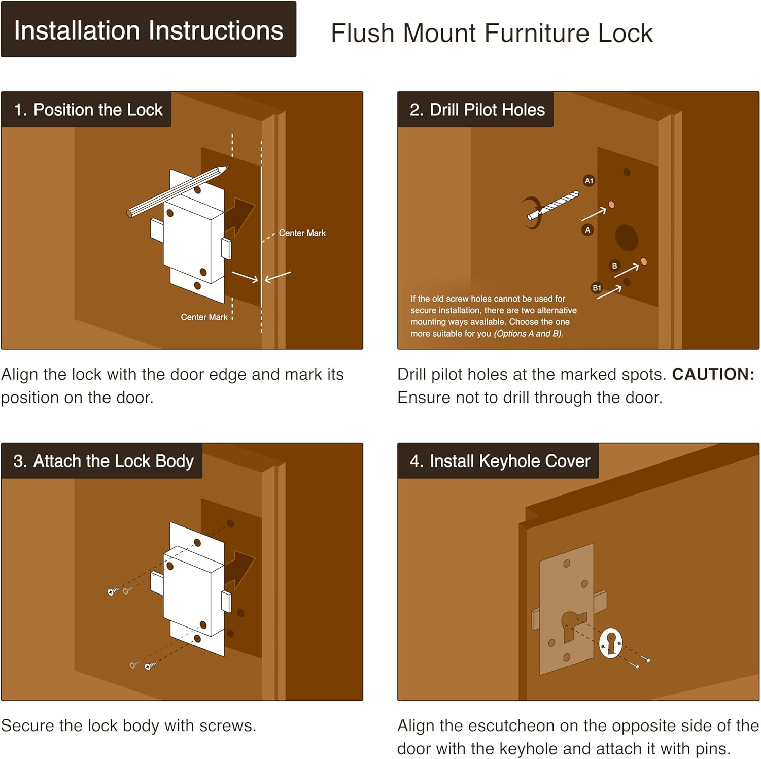 Small Antique Brass Flush Mount Cabinet Door Lock with Key – 1″ Wide X 1 3/4″ Hi