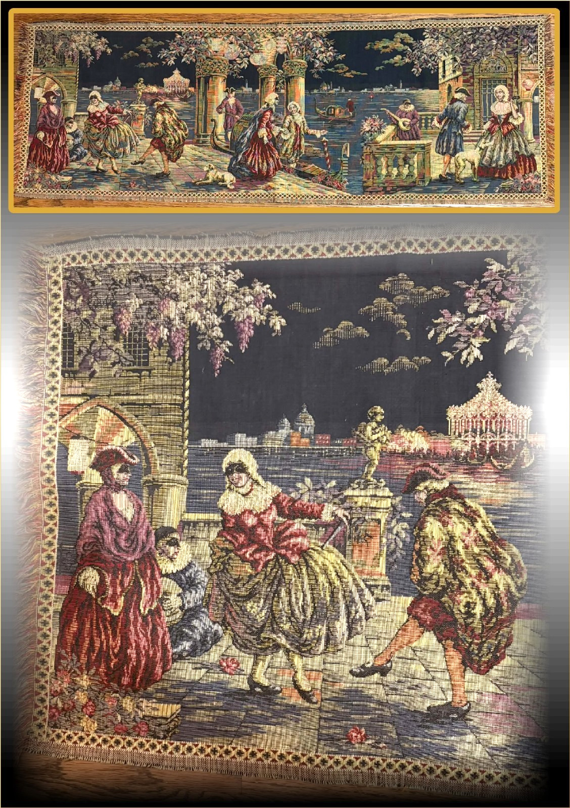 Vtg 55″ Carnival Venice Victorian Masquerade Tapestry Runner Wall Hanging Italy