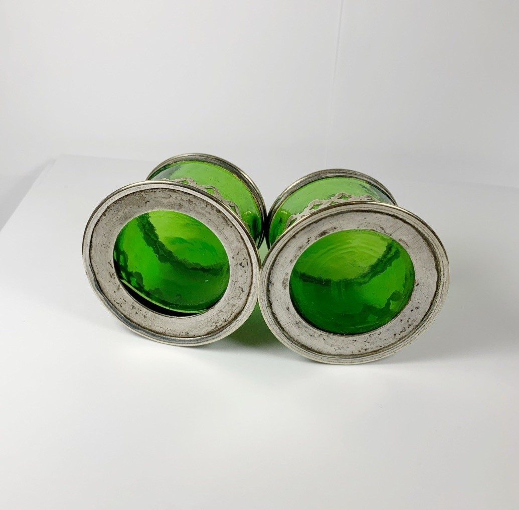 Victorian Silver Plated Openwork Salt Cellars c1850 Green Glass Gothic Revival