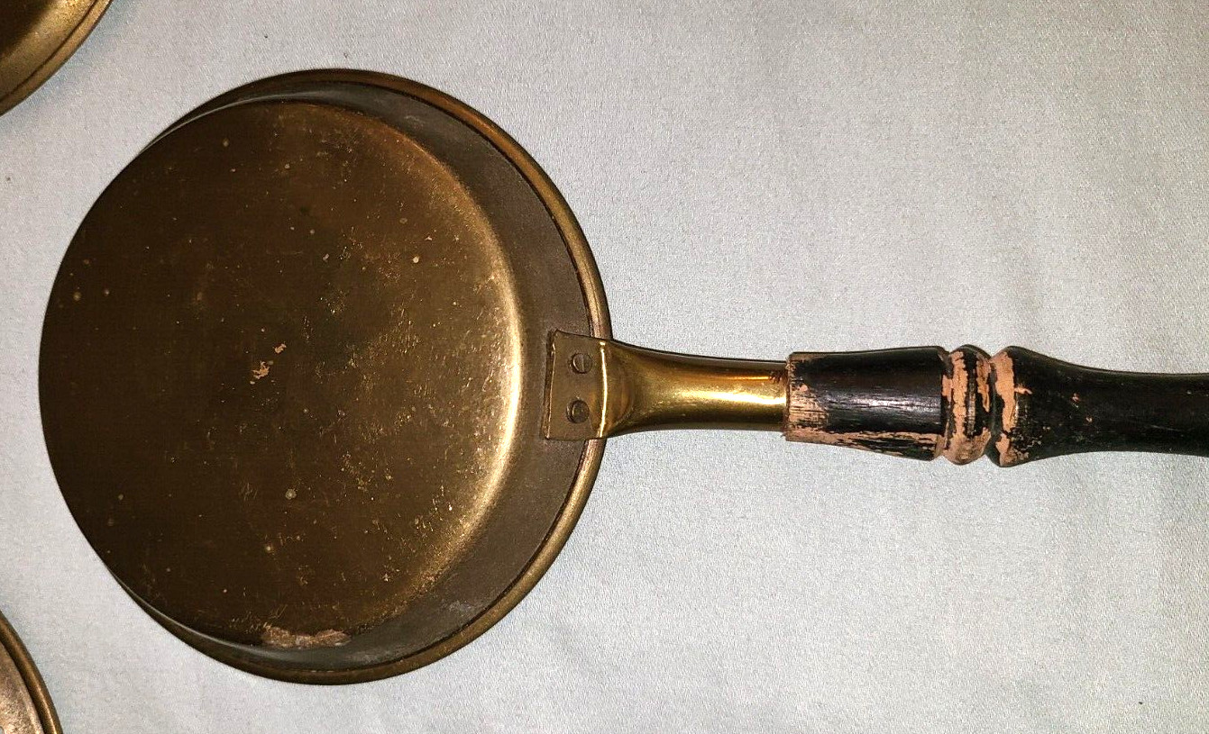 Antique country primitive set – brass egg poacher, pan, strainer w wood handles