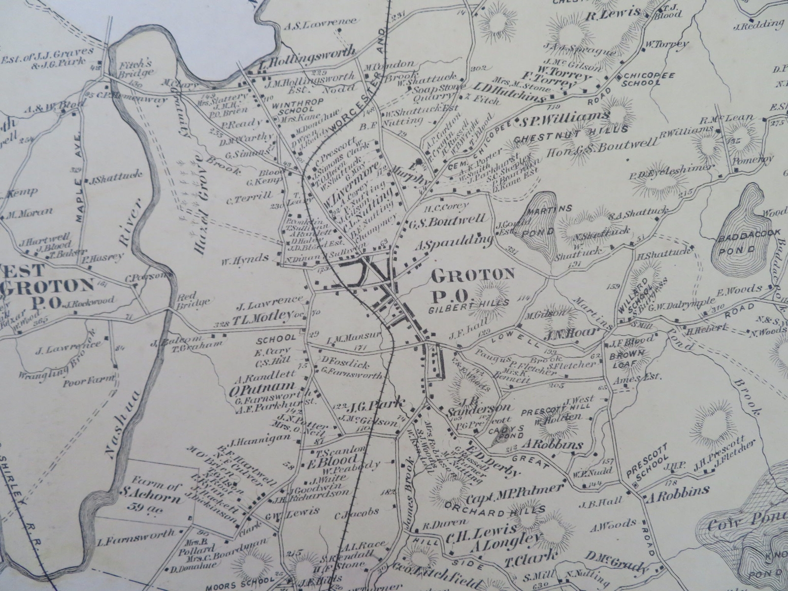 Groton Middlesex County Massachusetts 1875 F.W. Beers detailed color map