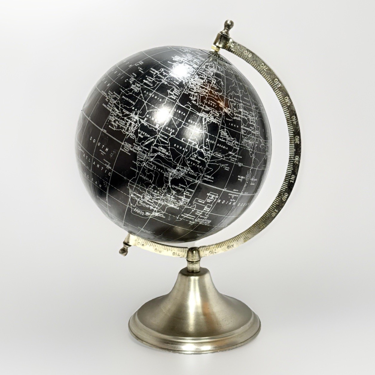 8” Globe Black Silver Earth Stand Base Metal Vintage Style (12” Tall)