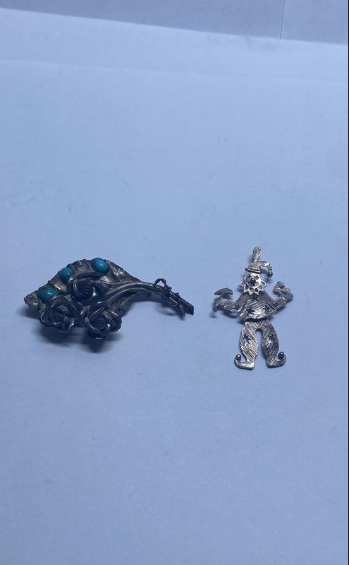 Sterling Silver 925 Jewelry Lot of 2 Turquoise Rose Brooch Jester Pendant 13.8g