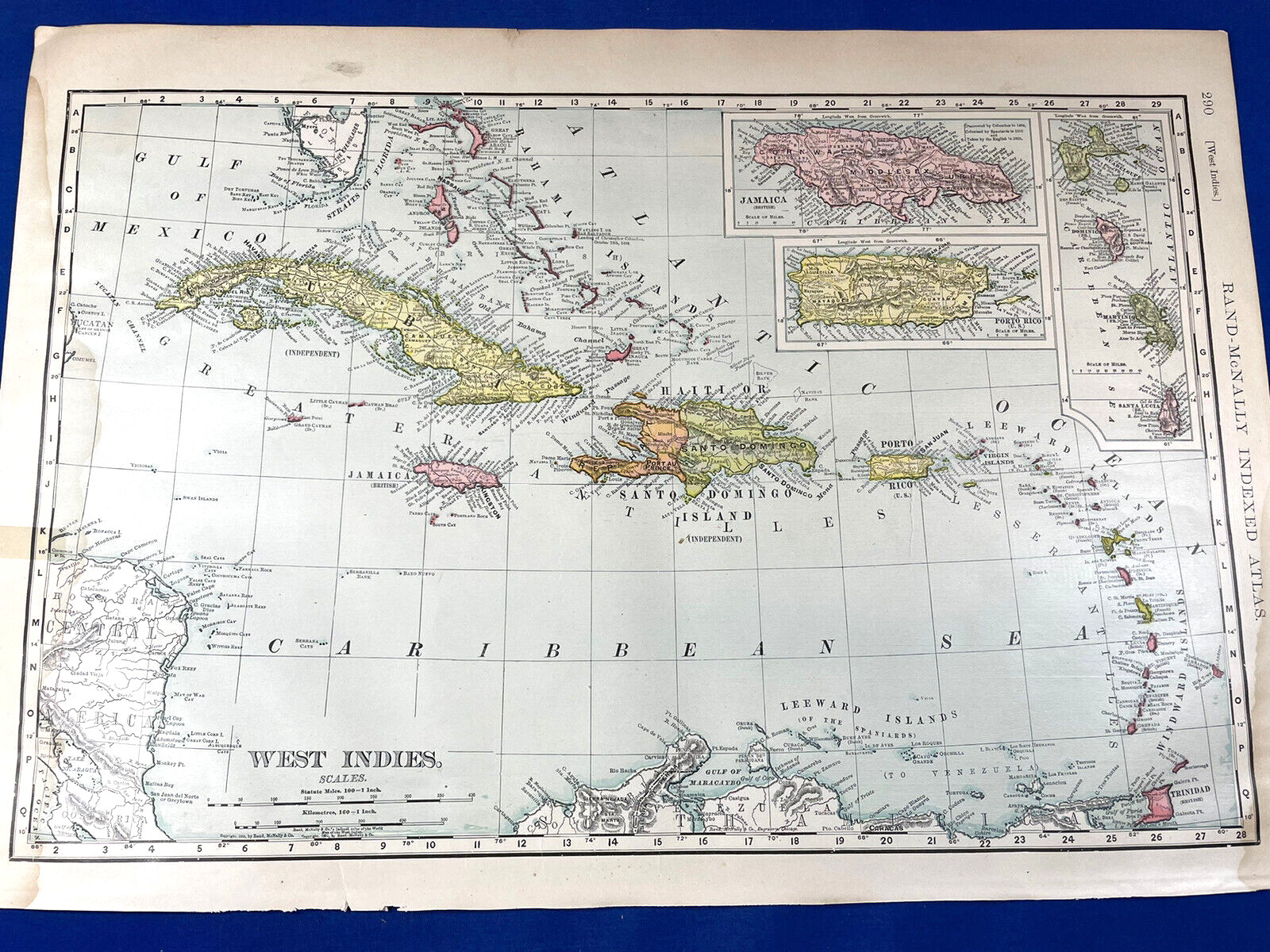 1906 Color Map WEST INDIES ~ CUBA, Bahamas, Jamaica, Porto Rico (no ue) 20 x 14″
