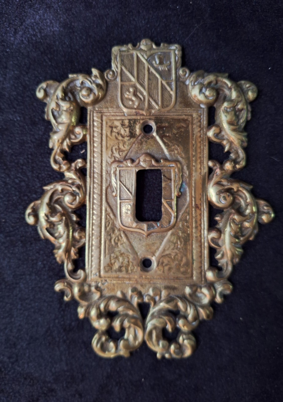 Vintage Brass Swithchplate Cover Lion Shield Family Crest Gothic 6″
