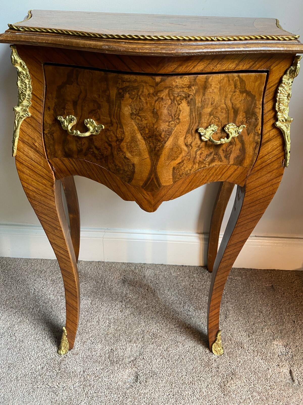 Vintage Early 20th Century Louis XIV Style Walnut Burl Veneer Table de Chevet