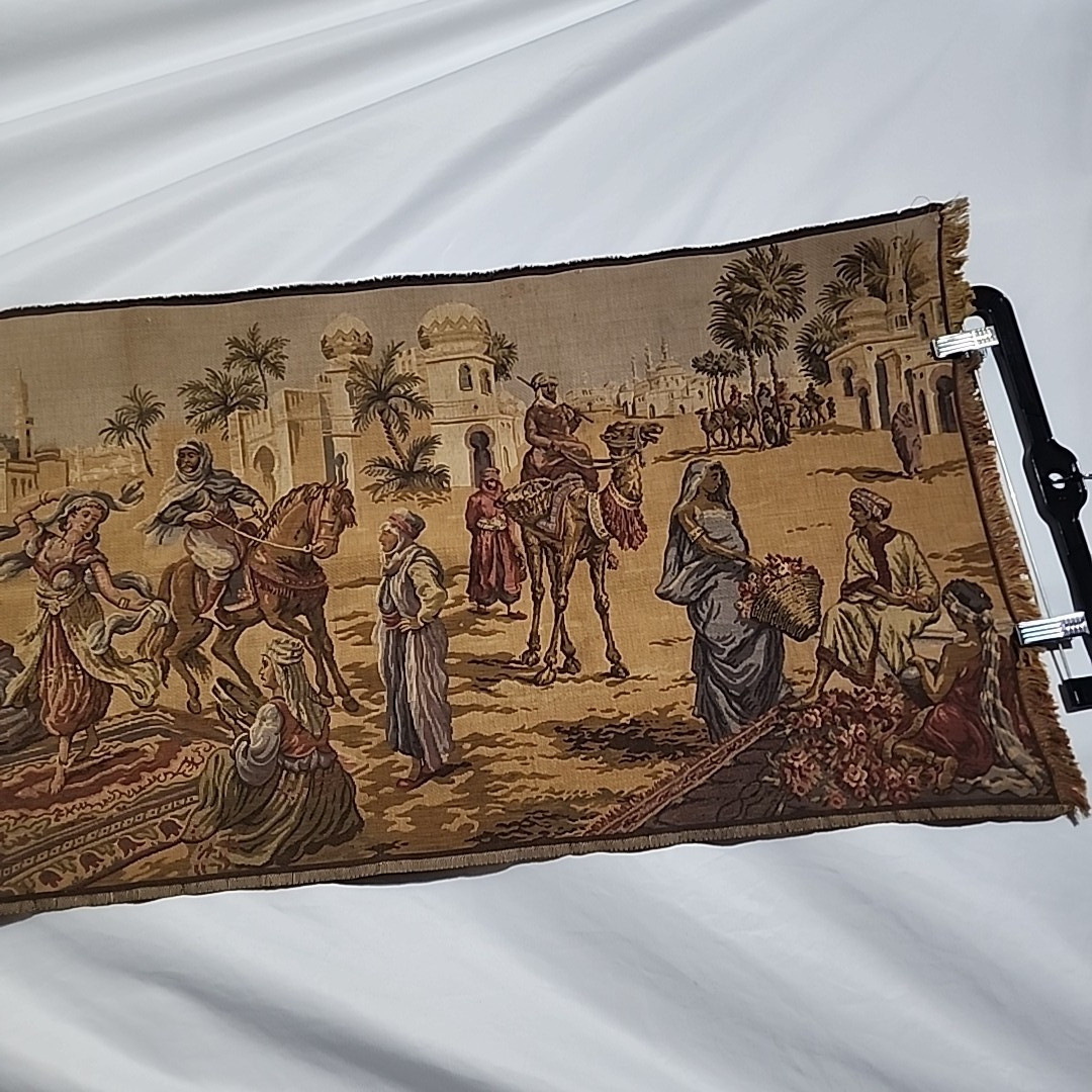 Tapestry Bazaar Scene, Possibly Middle East – 20x56in, Vintage Textile