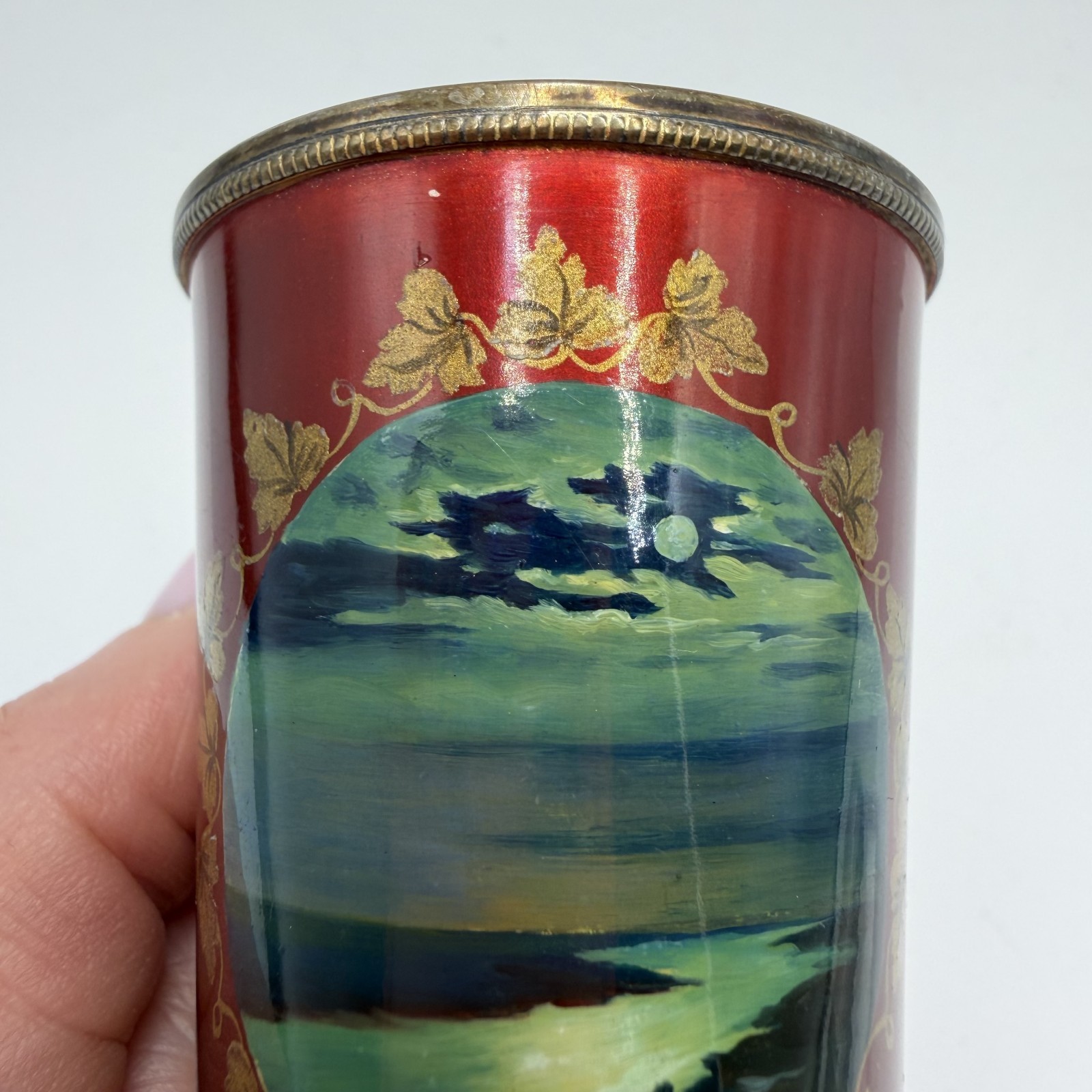 Vintage Soviet 875 Silver Enamel Shot Glass Palekh Style Tallinn Marked 1950s