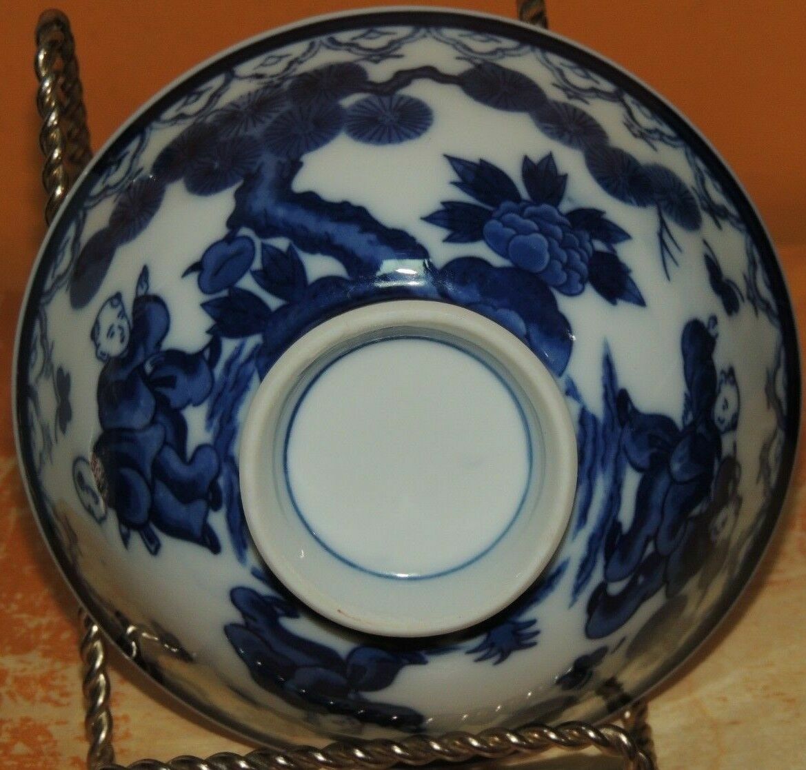 Porcelain Bowl 4.5″ White w Cobalt dark Blue boys chasing butterflies Ja ID: 492