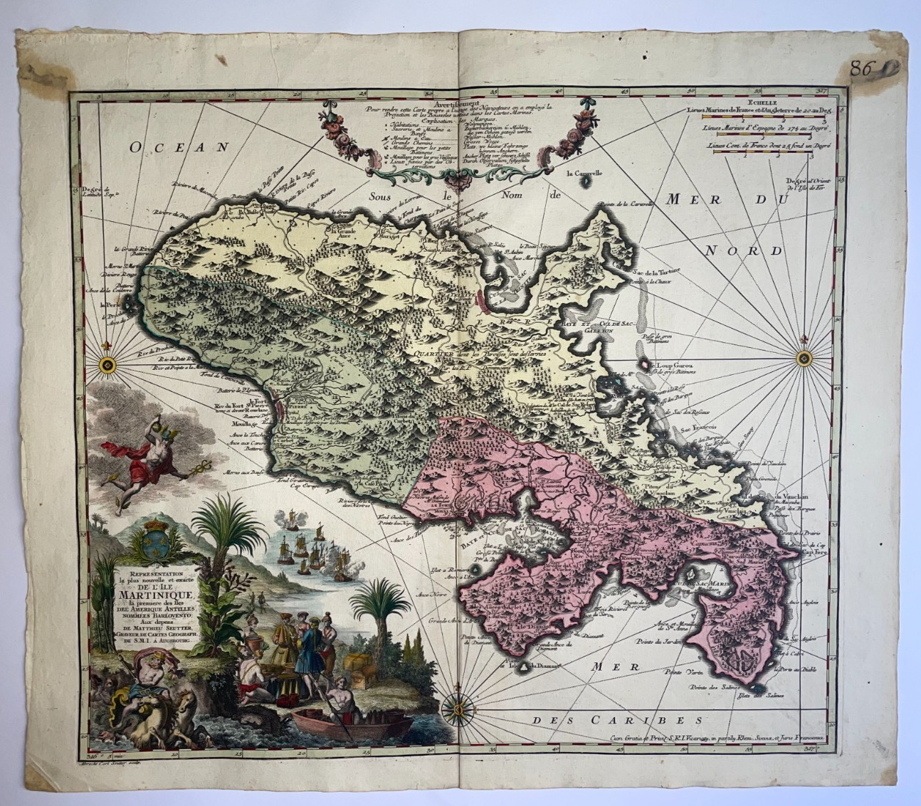 MARTINIQUE 1740 MATTHAUS SEUTTER NICE LARGE ANTIQUE MAP 18TH CENTURY