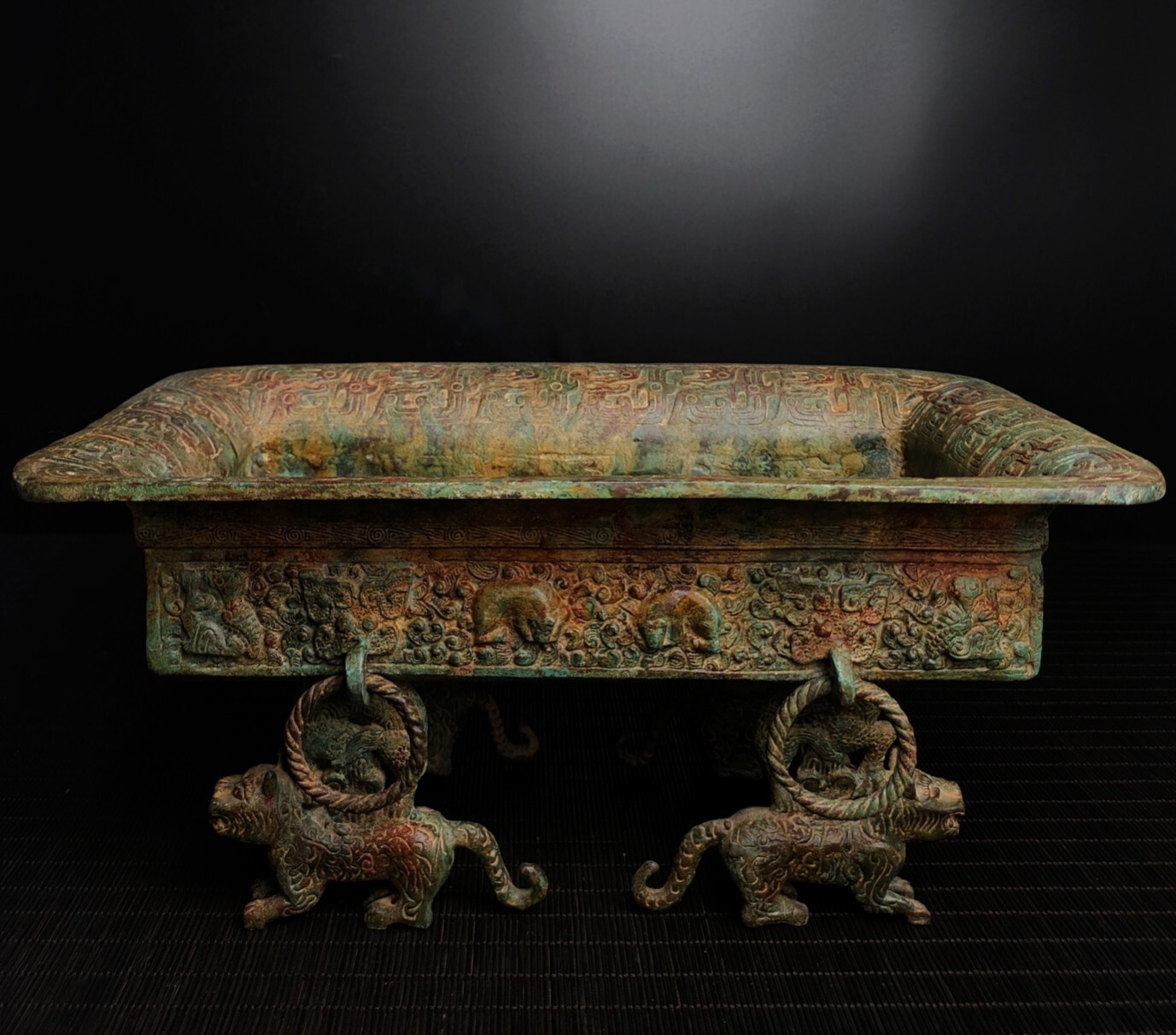 13.6″ old China antique the warring states bronze Four Beast Feet Fruit tray