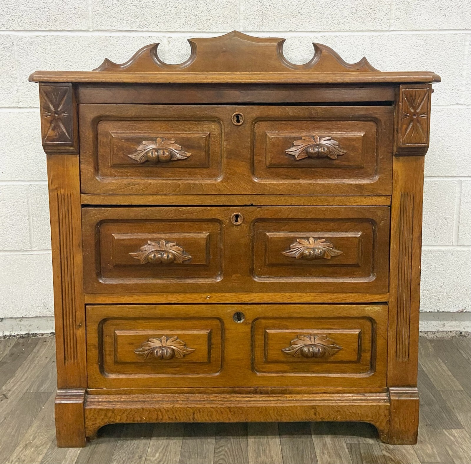 Antique Victorian Style Carved Oak Commode Washstand 3 Drawer Dresser
