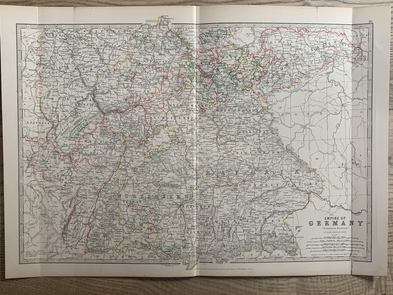 1886 SOUTH GERMANY ORIGINAL ANTIQUE HAND COLOURED MAP BY JOHNSTON 134 YEARS OLD