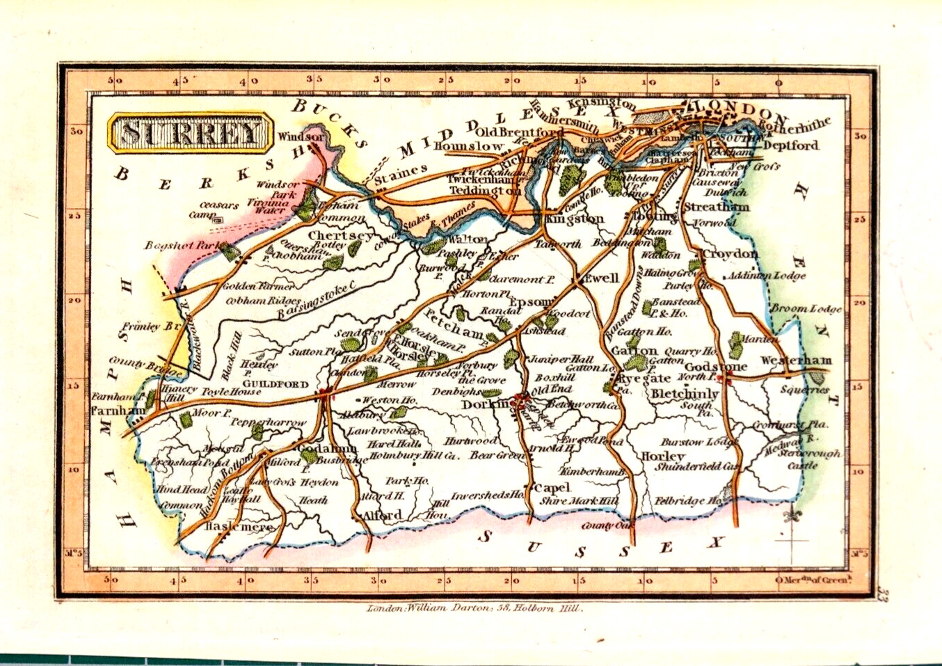 Antique Map SURREY & LONDON,Darton Original Hand Colour Vintage Miniature c1822