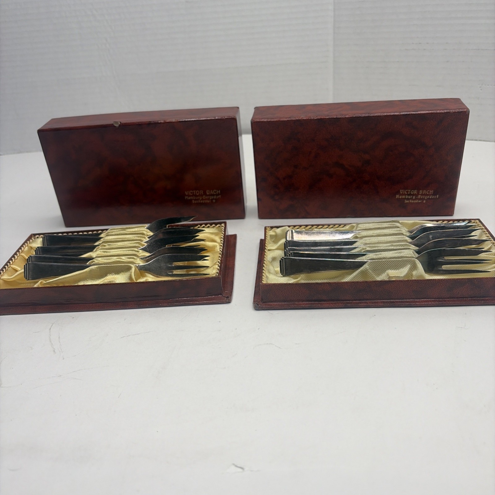 VTG Cake Forks 90/18 German Silver Plate 11 Dessert Forks in Victor Bach Box’s