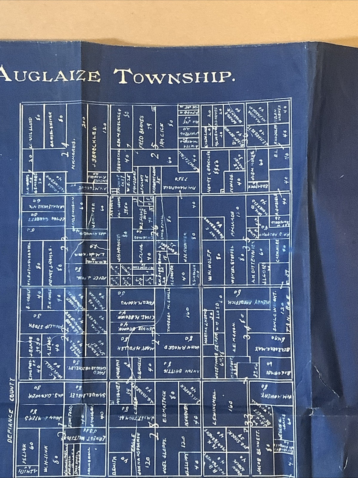 Early 1900s Blueprint Style Plot Map Auglaize Township Paulding Ohio INV-P0551