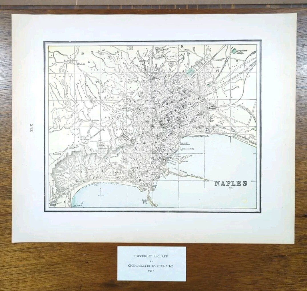 Vintage 1902 NAPLES ITALY Map 14″x11″ ~ Old Antique Original DUOMO DI NAPOLI